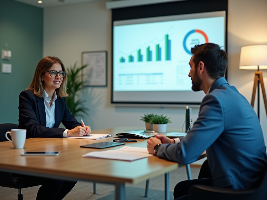 Two professionals, a woman and a man, in a meeting discussing data shown on a presentation screen.