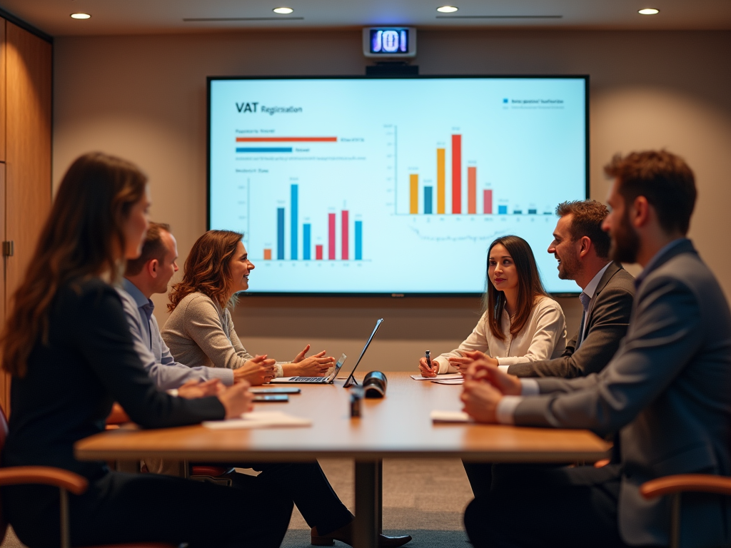 Professionals sit at a table discussing a presentation displaying VAT registration graph on a screen.