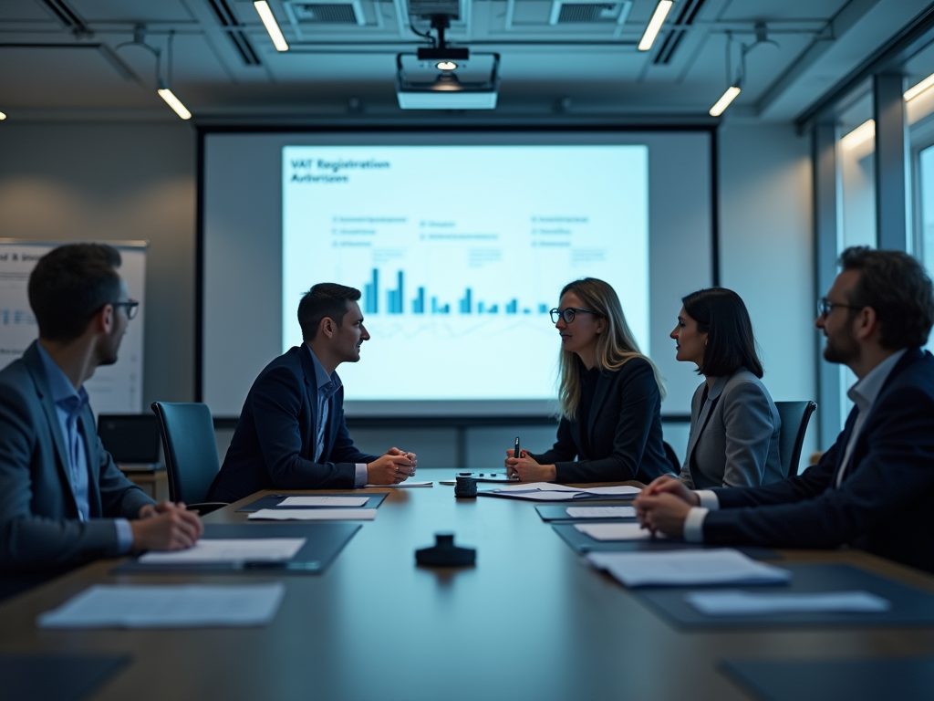 Professionals in a meeting room discussing a presentation on VAT regulations.