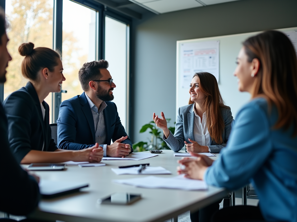 Professionals in a meeting, discussing actively around a table in a well-lit office.