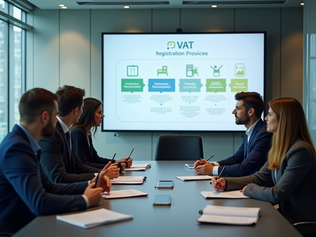 Professionals in a meeting room focused on a presentation about VAT registration processes.