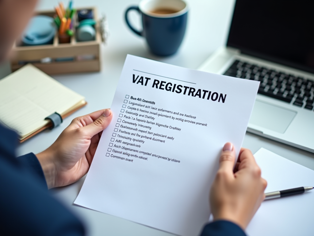 Person holding a "VAT REGISTRATION" document over a desk with laptop and coffee visible.