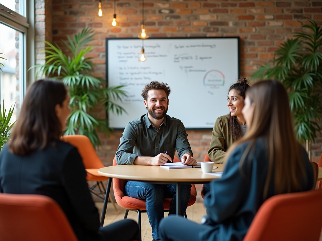 Four professionals smiling and discussing at a round table in a modern office with a brick wall.