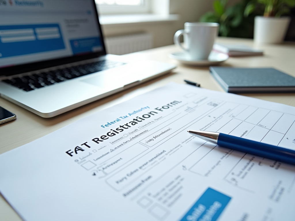 Close-up of an FAT registration form with a pen on it, next to a laptop and a coffee cup on a desk.