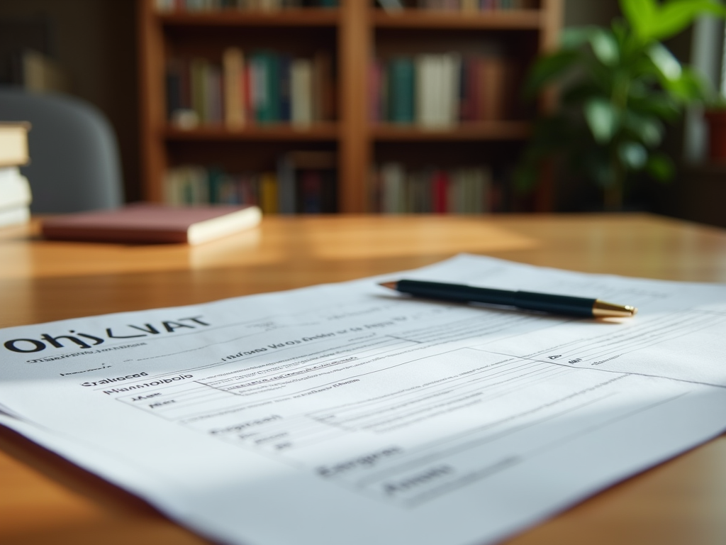 Document with pen on a table in an office with bookshelves in the background.