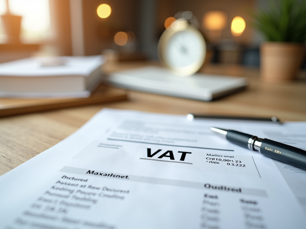 VAT form on a desk with a pen on it, books and a clock in the blurred background.