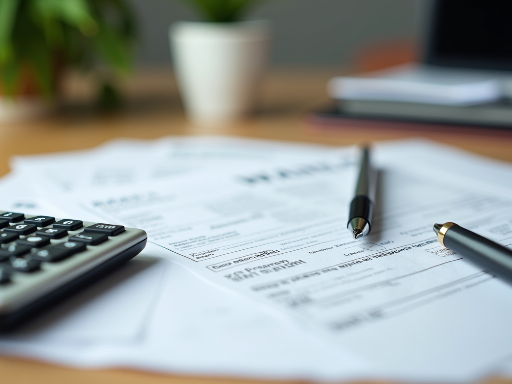 Tax forms with a calculator and pen on a desk, close focus on documents, blurred background.