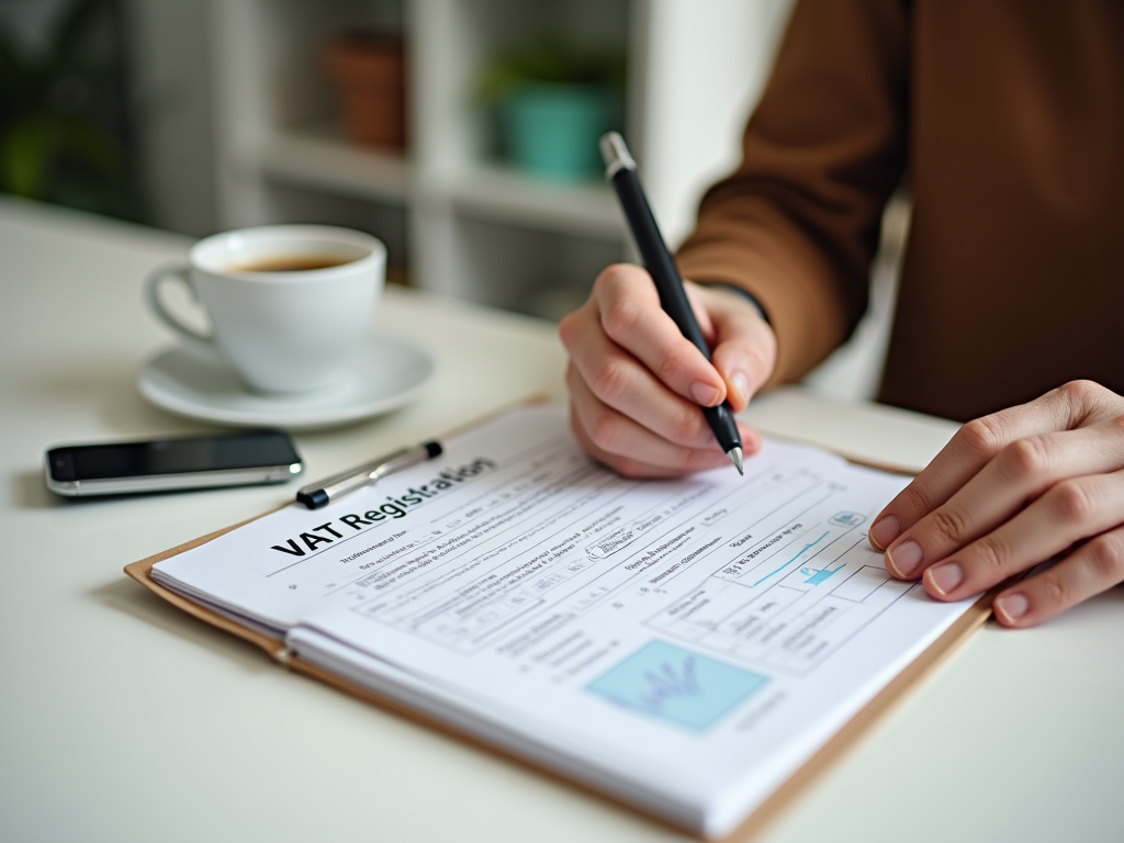 Person filling out a VAT registration form with a pen, a cup of coffee and a mobile phone on the side.