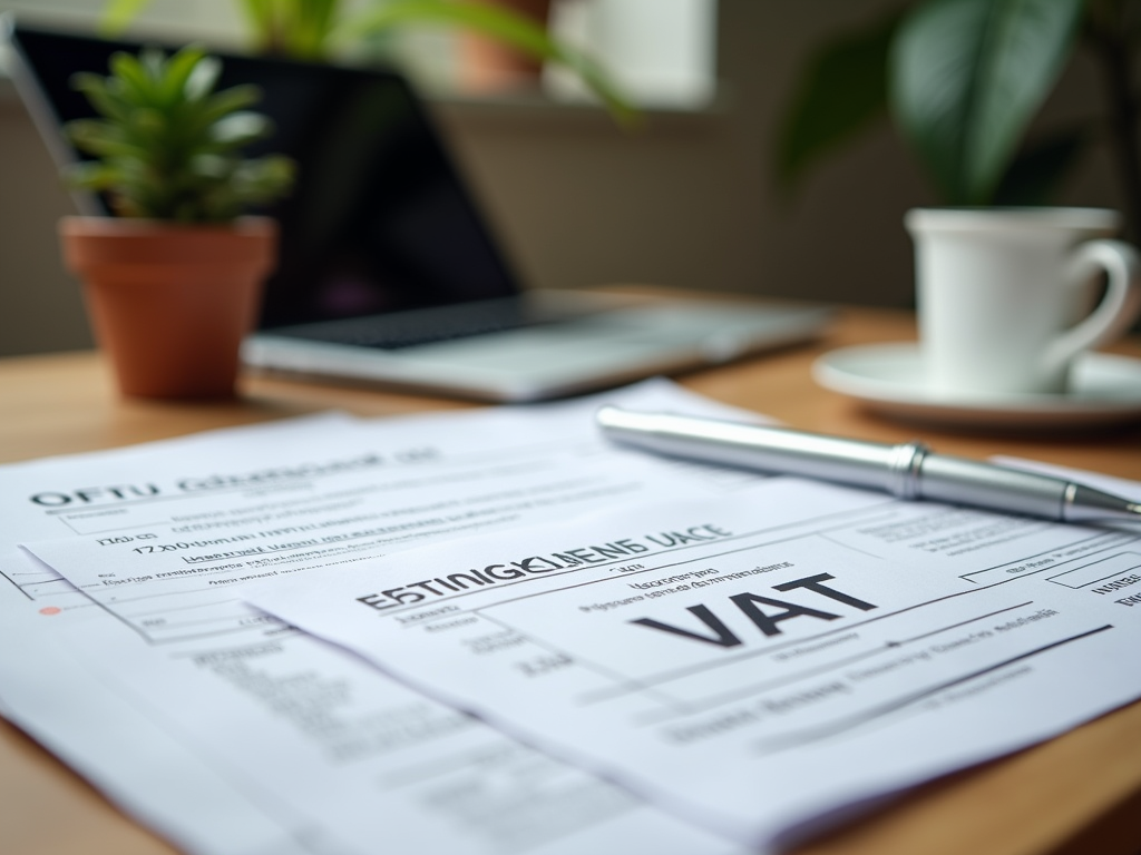 Close-up of a VAT form on a desk with a laptop, coffee cup, and pen in soft focus background.