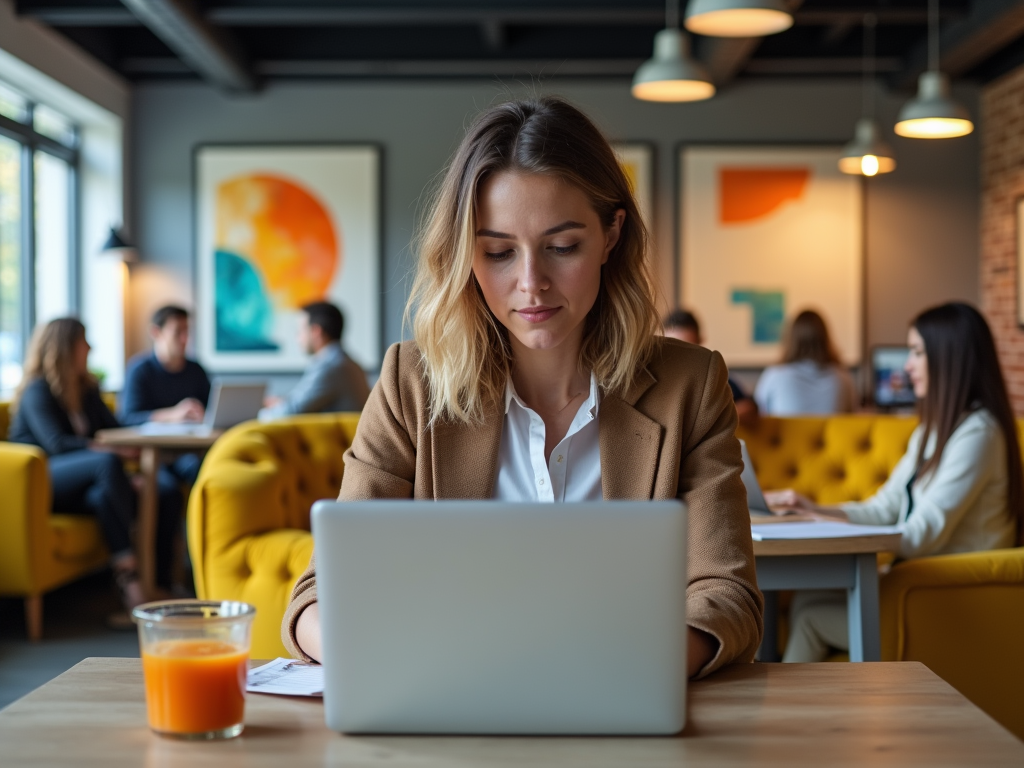 Woman working on laptop in busy cafe with colorful decor and people in background.