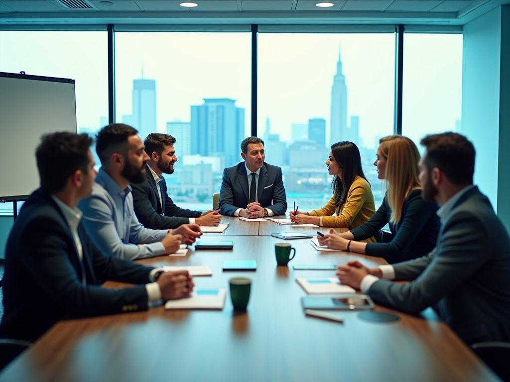 Business professionals engaged in a meeting around a table in a room with a city view.