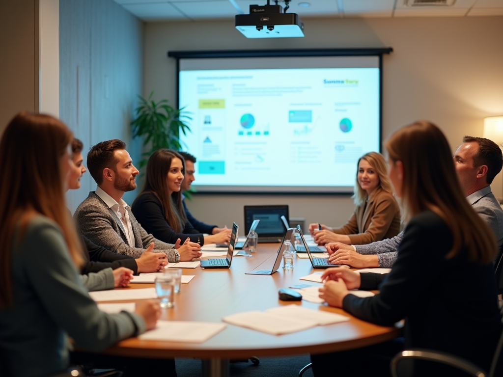 Professionals at a conference table focused on a presentation about business data.