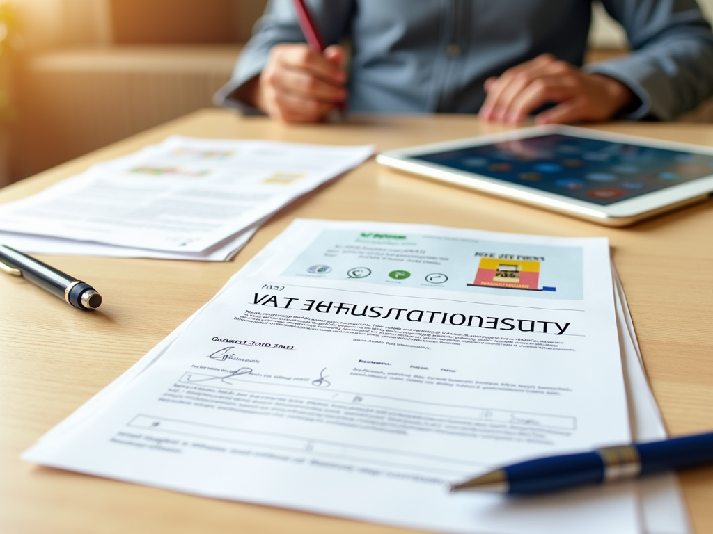 Businessperson reviewing documents with a signed 'Master Registration' form and tablet on desk.