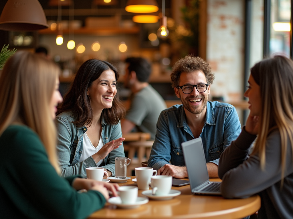 Four people laughing and talking over coffee in a cozy café.