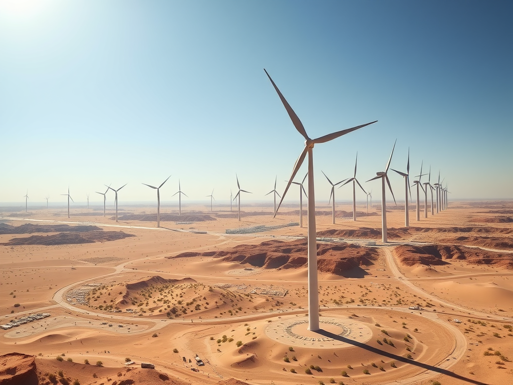 A vast desert landscape with numerous wind turbines in the foreground, under a clear blue sky.