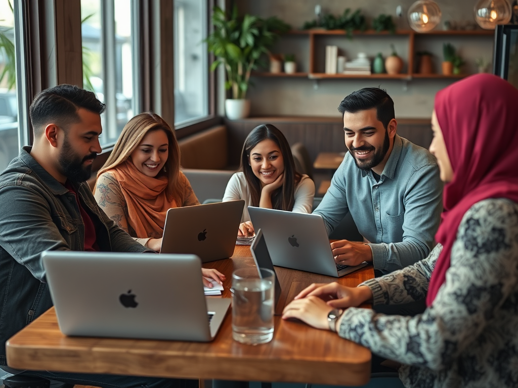 A group of five people collaborate at a table with laptops in a cozy café, smiling and engaged in discussion.