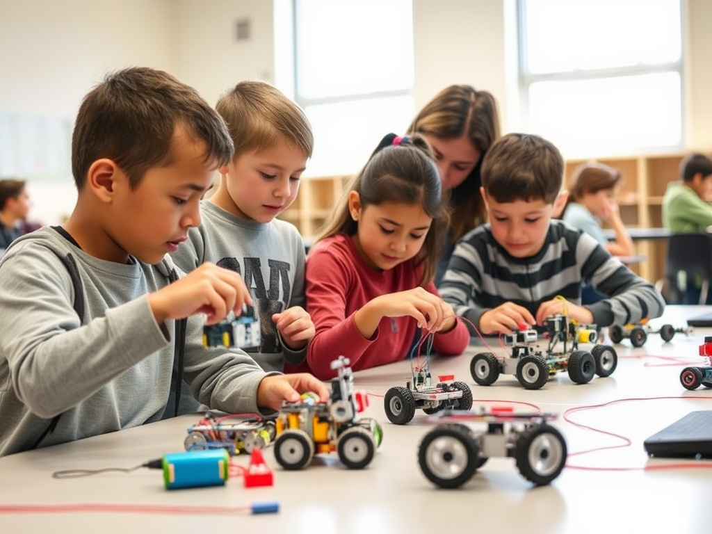 Children working on robotic projects at a table, engaged in building and programming small toy vehicles.