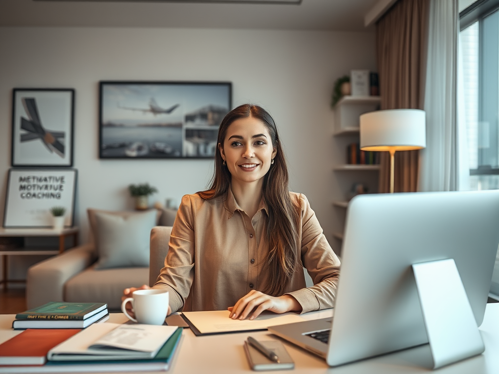 A smiling woman sits at a desk with a laptop, cup of coffee, and books, in a bright, modern workspace.