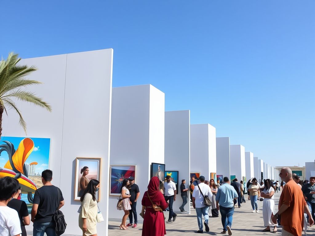 Visitors explore an outdoor art exhibition featuring colorful paintings against a bright blue sky.