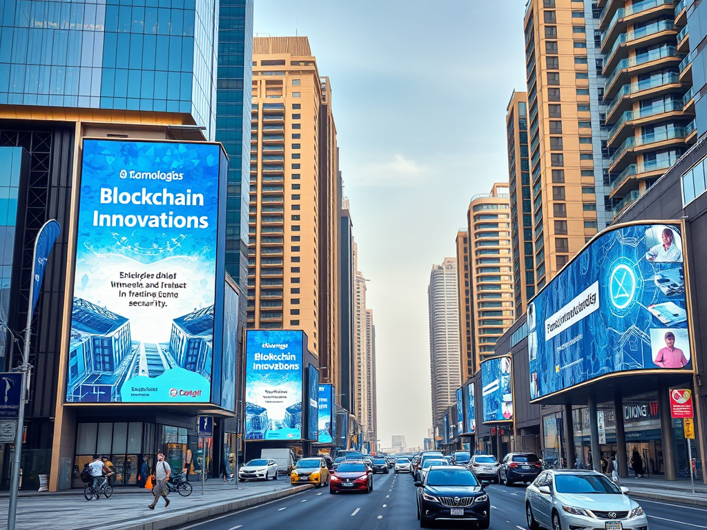 The image features urban buildings with large digital billboards displaying "Blockchain Innovations."