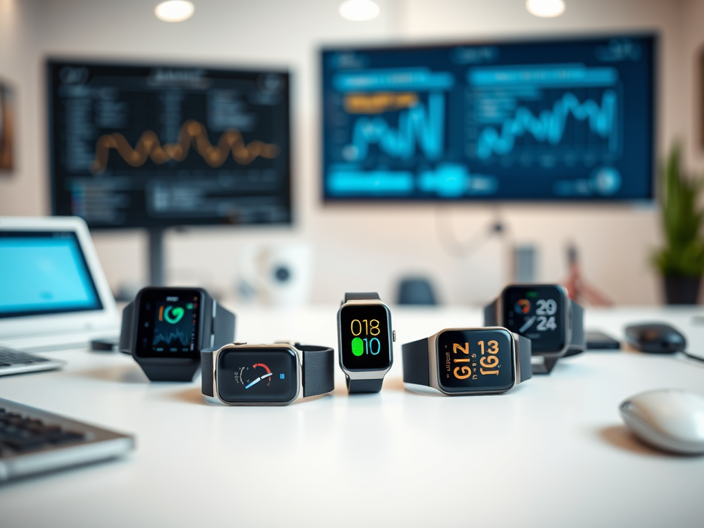 A collection of smartwatches displayed on a table with computer screens showing data in the background.