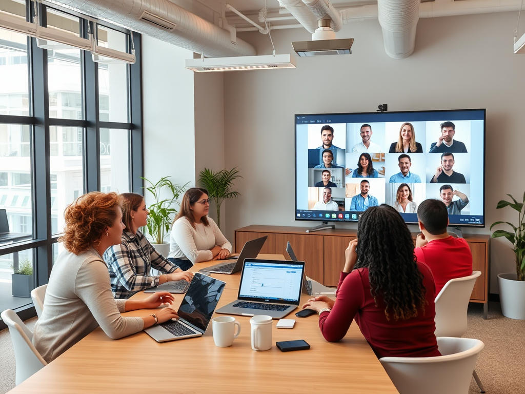 A group of people in a meeting room discuss together while viewing remote participants on a screen.