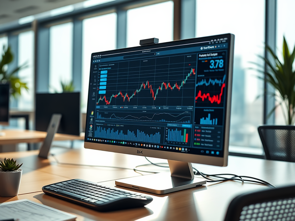 A monitor displaying financial charts and data in a modern office setting with plants and a keyboard visible.