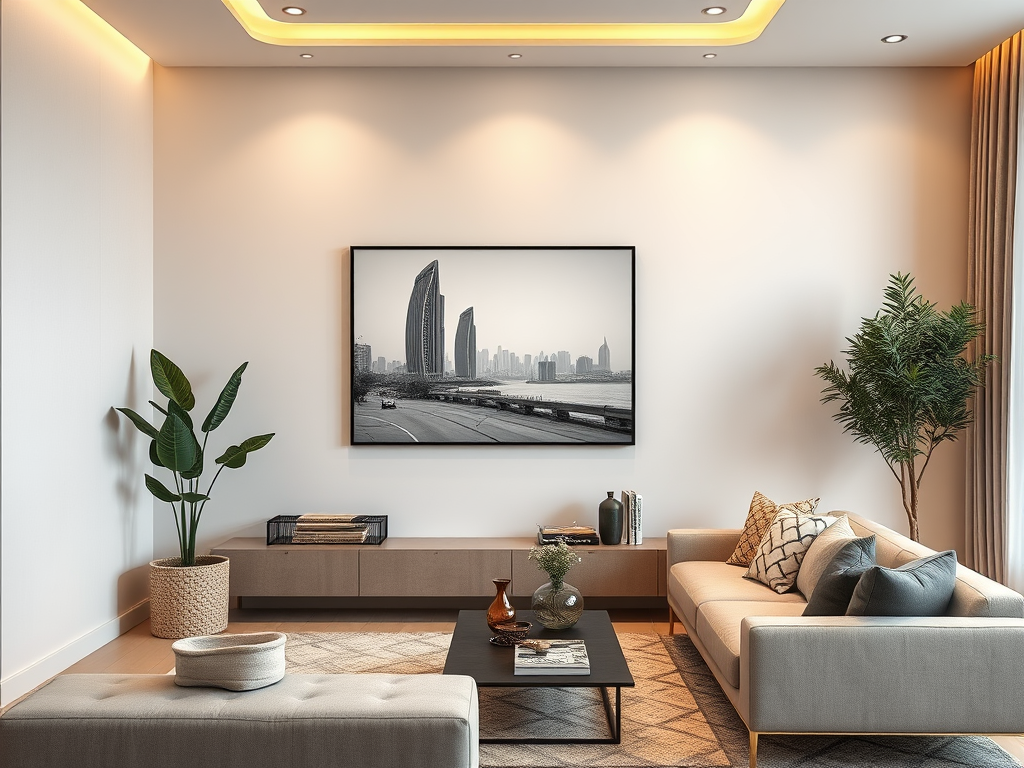 A modern living room featuring a gray sofa, coffee table, plants, and a black-and-white cityscape artwork on the wall.