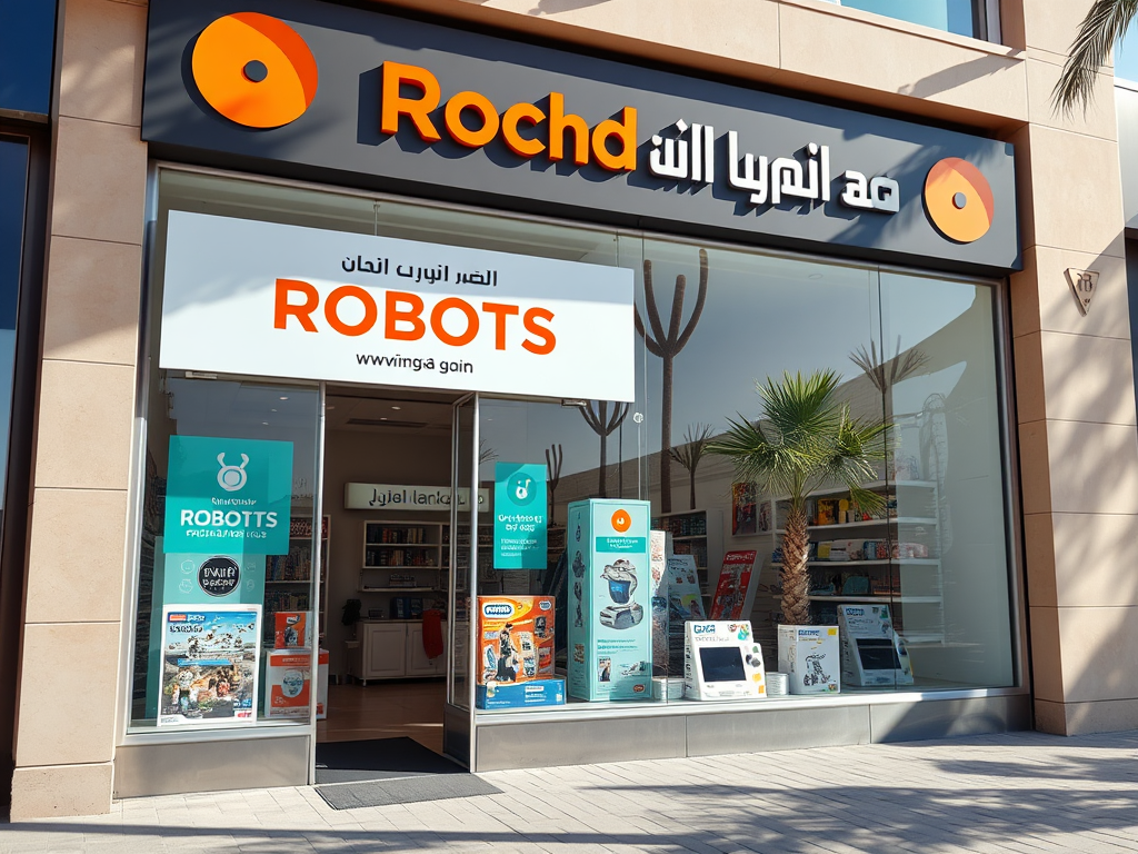 Storefront of Rochd featuring products related to robots, with large signs and palm trees in the background.