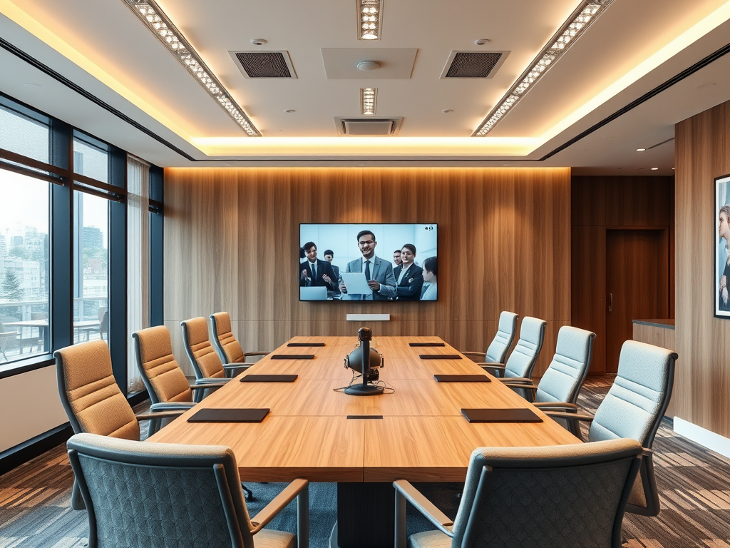 A modern conference room with a large table, chairs, and a screen displaying business professionals.