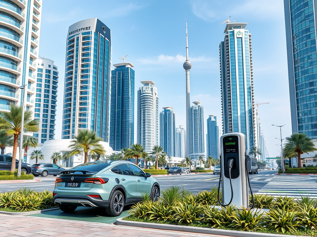 A modern electric vehicle is charging at a station among tall skyscrapers and palm trees on a sunny day.