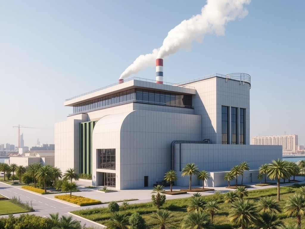 A modern industrial building with smoke stacks and palm trees, set against a clear blue sky.