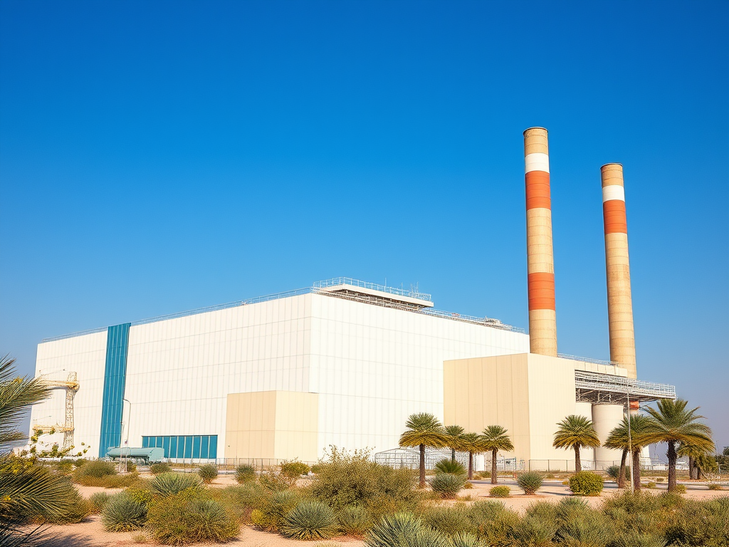 A large industrial building with two tall smokestacks under a clear blue sky, surrounded by desert vegetation.