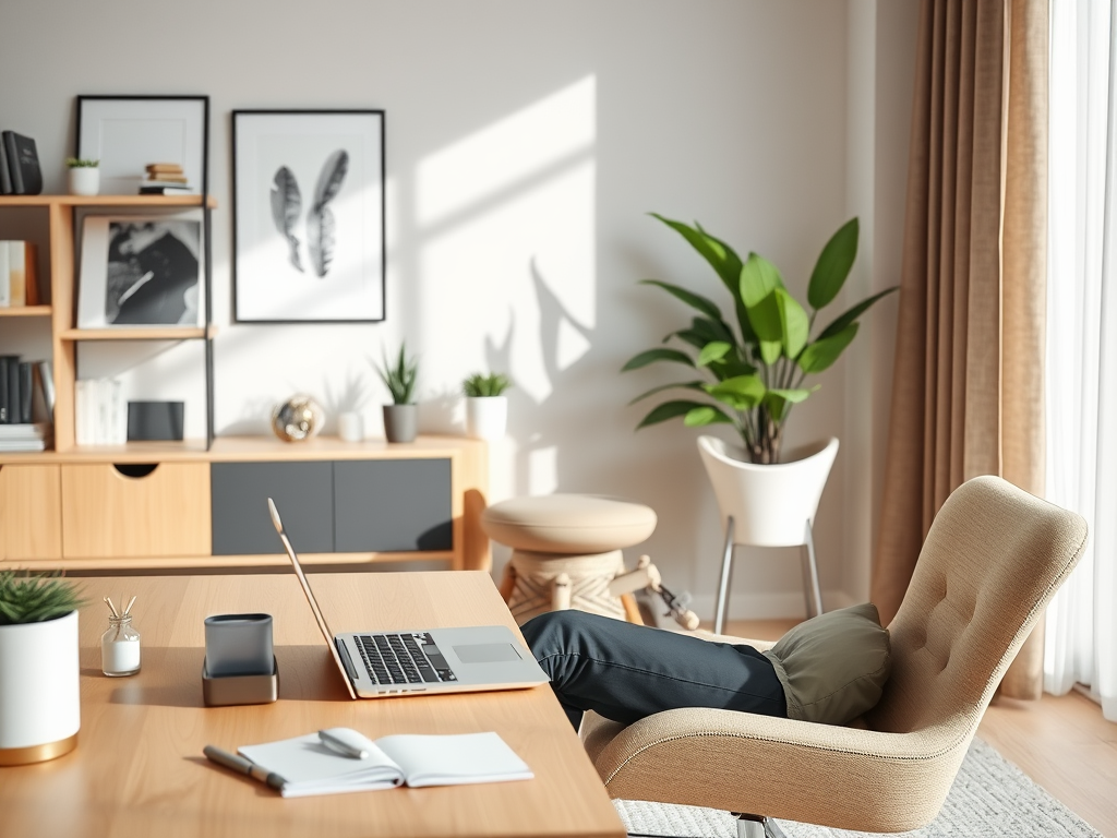 A modern home office with a desk, laptop, plants, and stylish decor, illuminated by natural light.