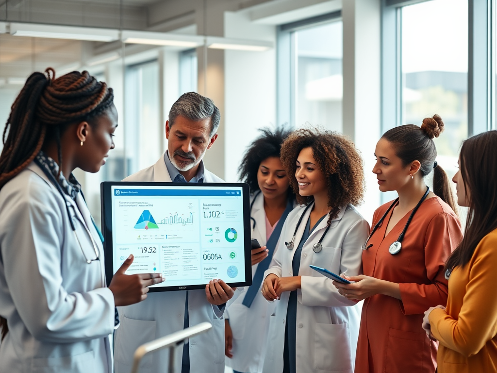 A group of healthcare professionals discusses data on a tablet in a modern office setting.